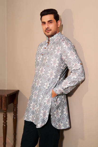Ash Grey Kurta Men Detail Close-Up – Classic Print Ethnoir India