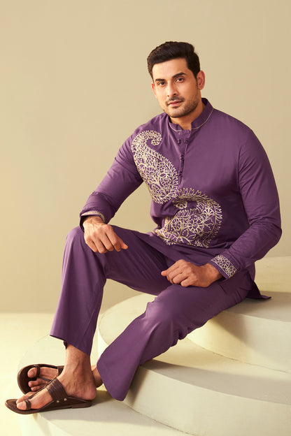 Purple Men's Paisley Embroidered  Kurta Co-Ord Set