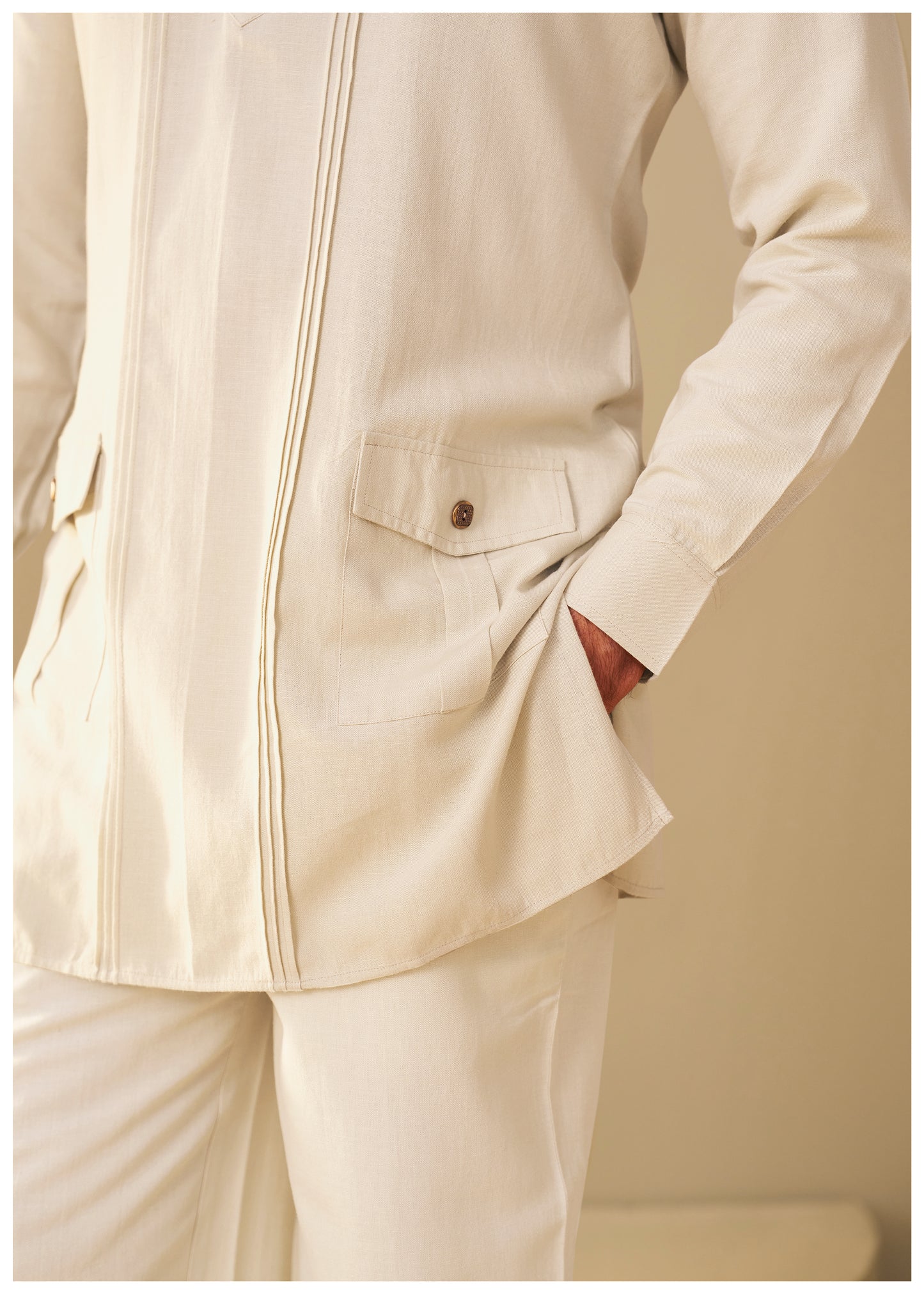 Sand Beige Linen Kurta Set Men Full Length Shot – Ethnoir India