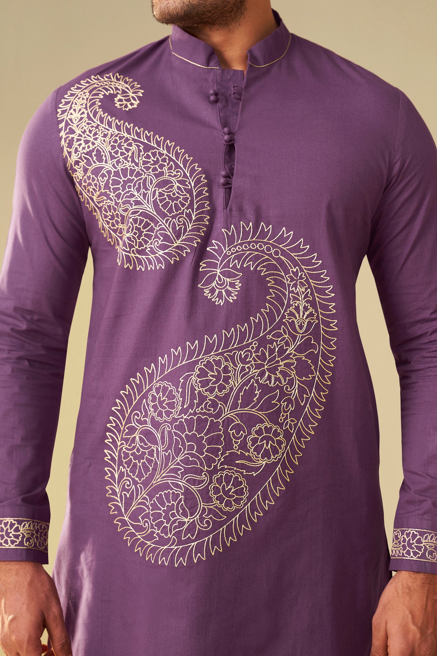 Purple Men's Paisley Embroidered  Kurta Co-Ord Set