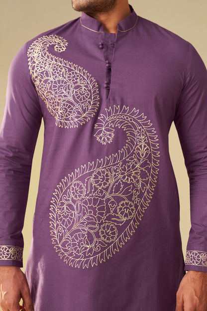 Purple Men's Paisley Embroidered  Kurta Co-Ord Set