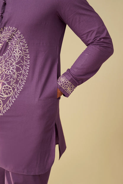 Purple Men's Paisley Embroidered  Kurta Co-Ord Set