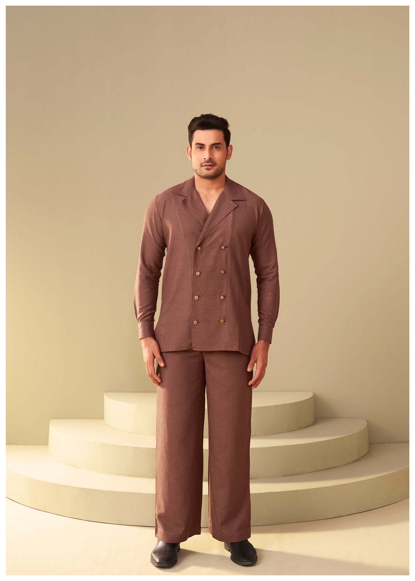 Brown Double-Breasted Linen Co-Ord Set for Men – Premium Fit Ethnoir
