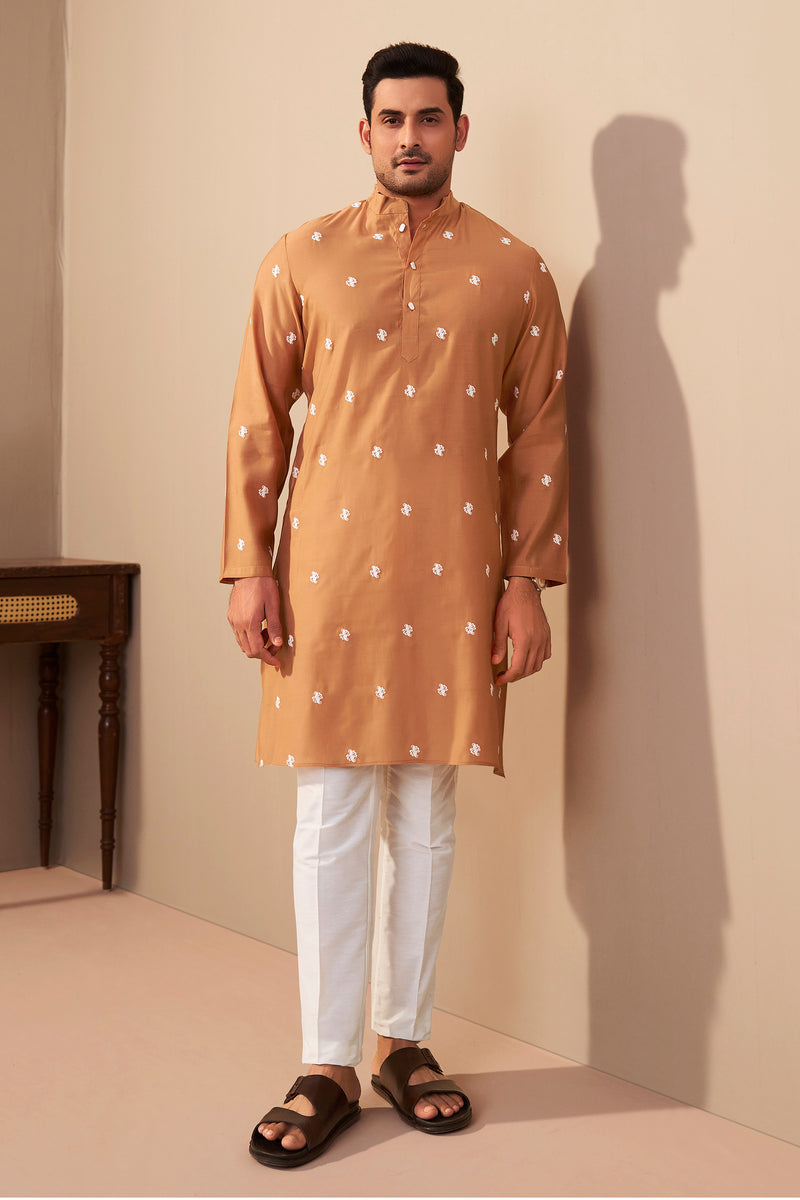 Orange Silk Embroidered Mandarin Collar Kurta for Men – Ethnoir