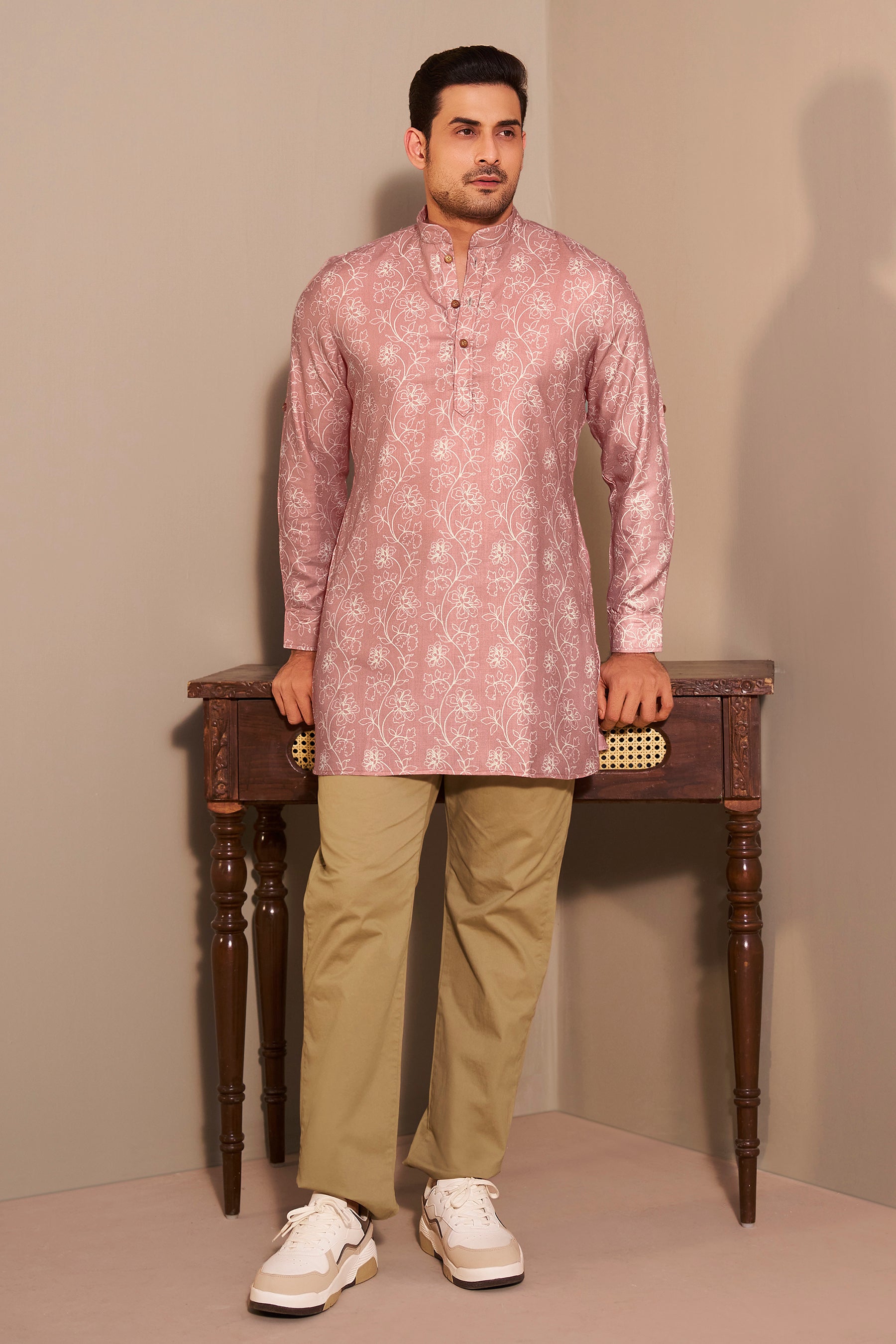 Rose Mist Printed Short Kurta for Men – Modern Festive Ethnoir
