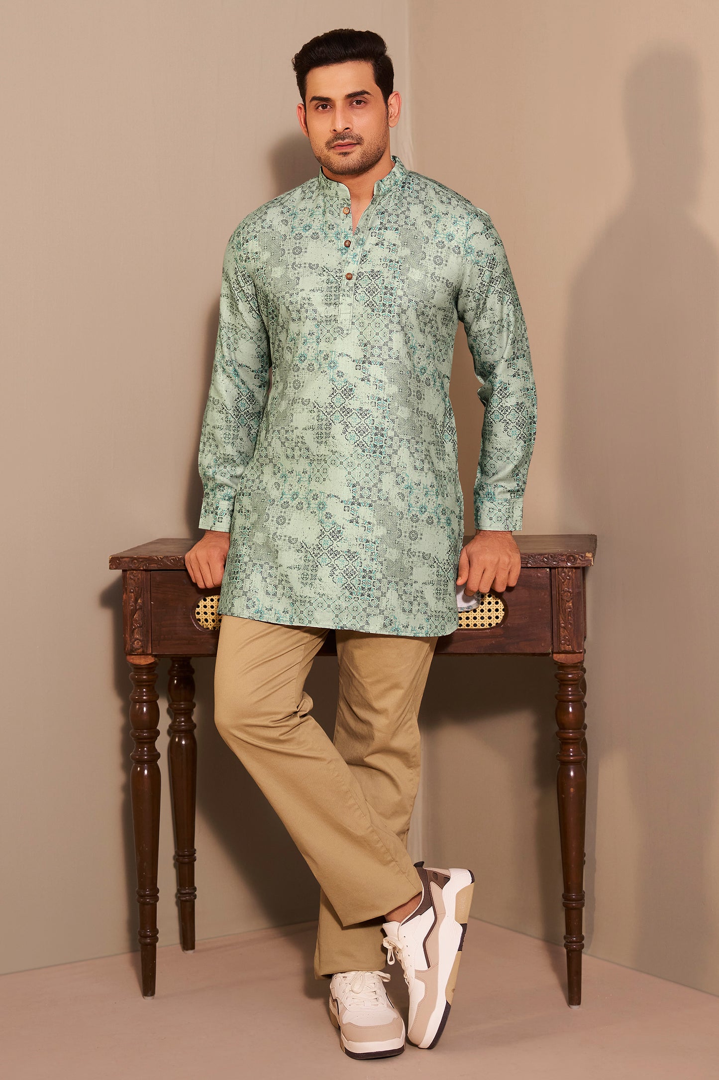 Sage Green Printed Short Kurta for Men – Clean Ethnic Style Ethnoir