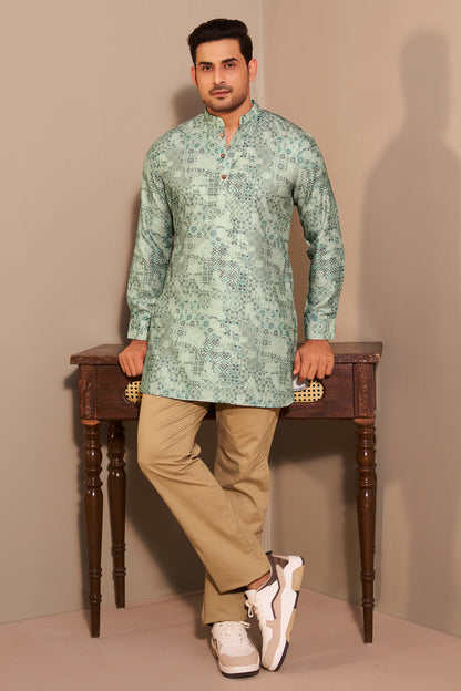 Sage Green Printed Short Kurta for Men – Clean Ethnic Style Ethnoir