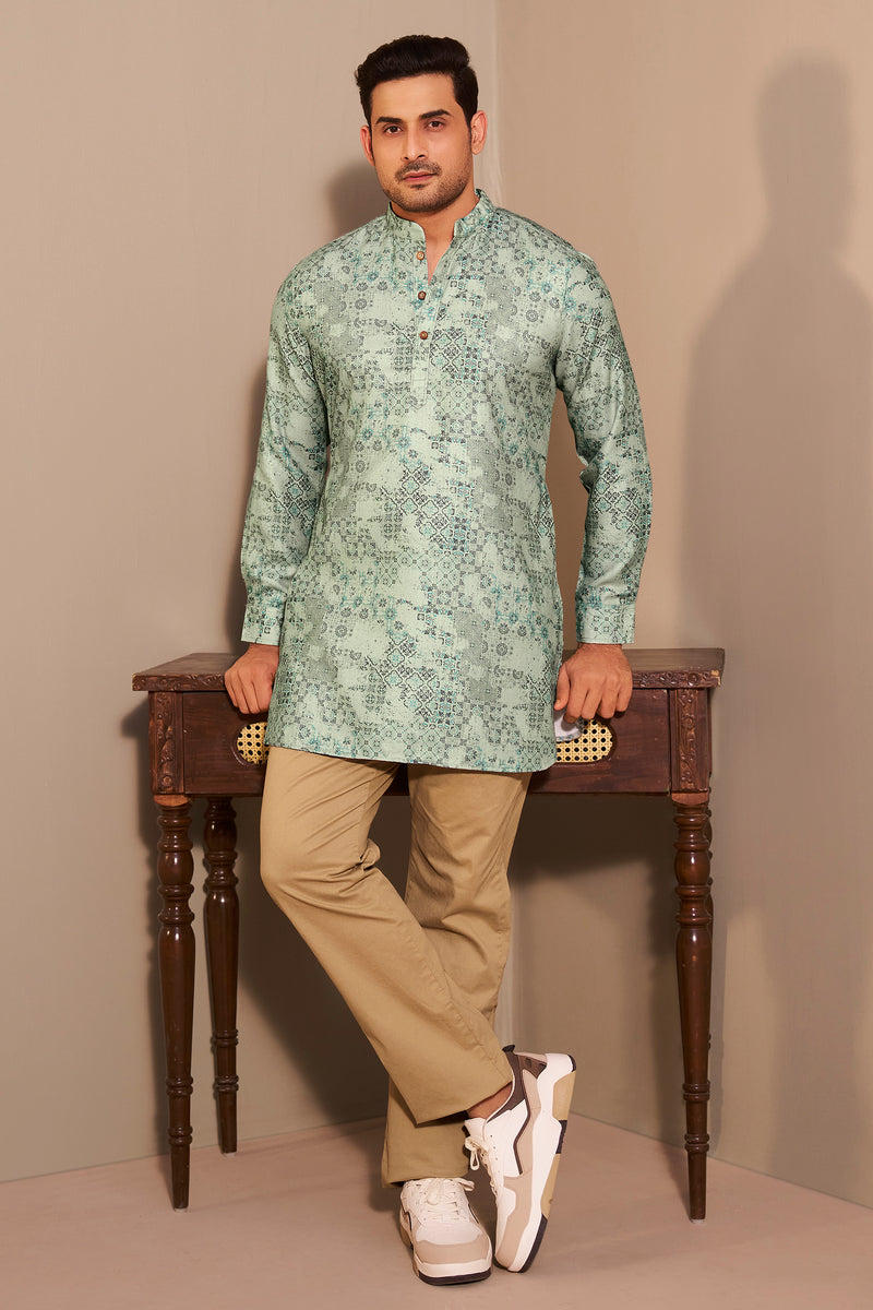 Sage Green Printed Short Kurta for Men – Clean Ethnic Style Ethnoir
