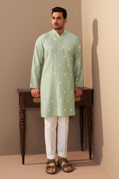 Sea Green Roman Silk Kurta Men Festive Ethnic Wear – Ethnoir India