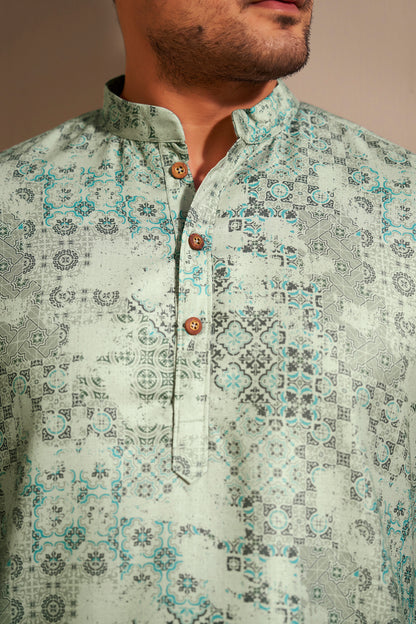 Sage Green Poly Linen Kurta Men Detail – Clean Ethnic Ethnoir India
