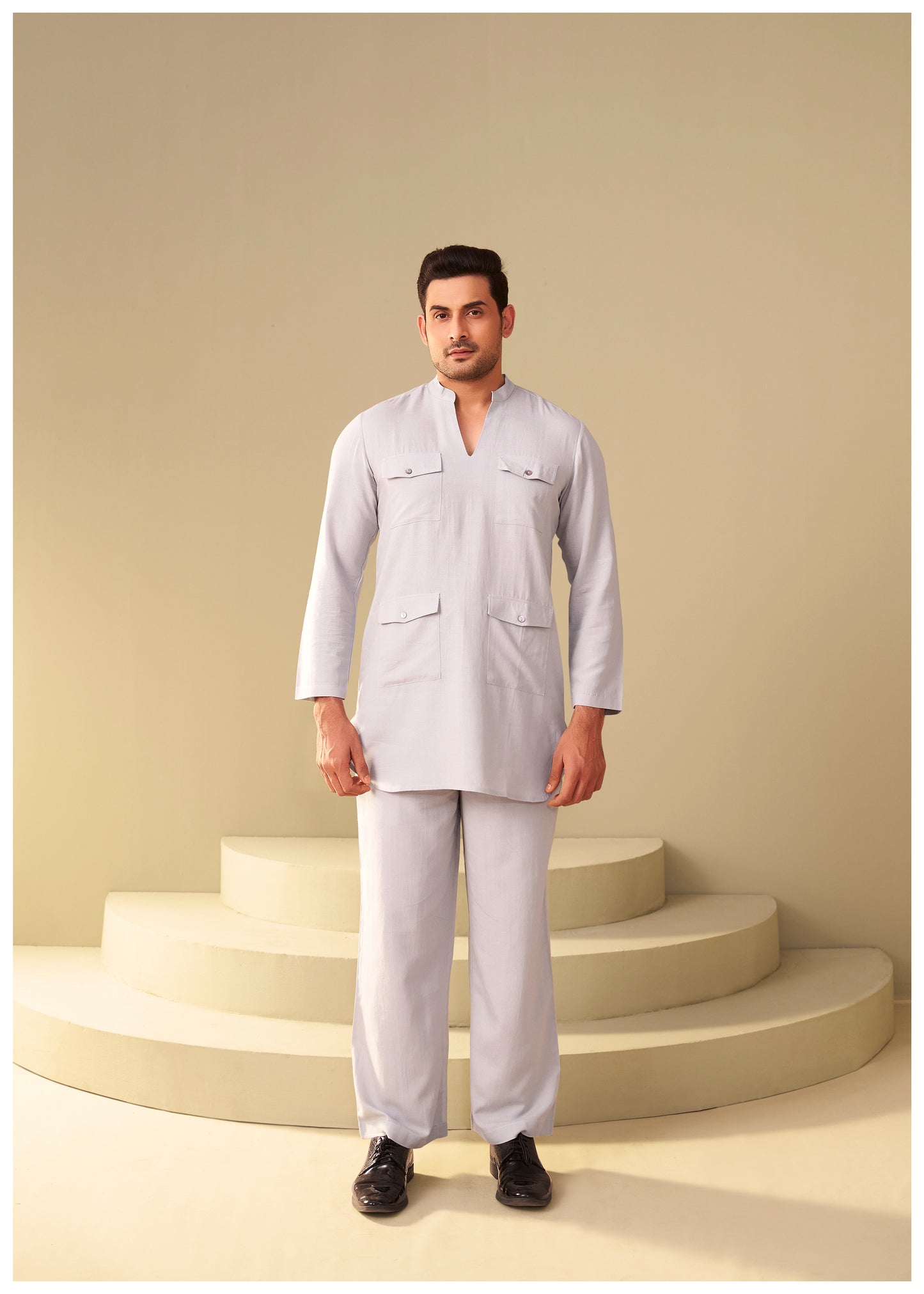Mist Grey Linen Co-Ord Set for Men – Modern Utility Fit Ethnoir
