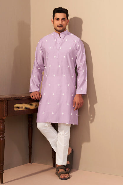 Light Lavender Silk Embroidered Kurta for Men – Mandarin Collar Ethnoir