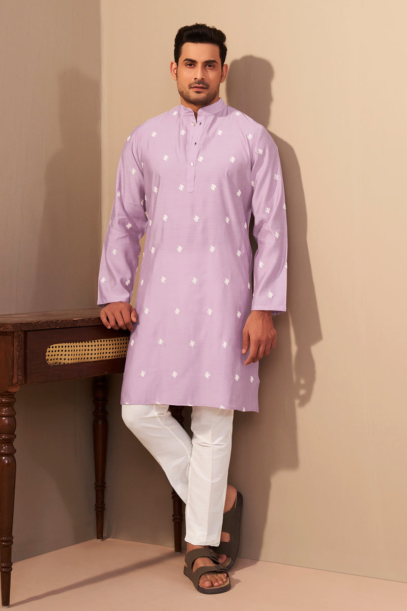 Light Lavender Silk Embroidered Kurta for Men – Mandarin Collar Ethnoir