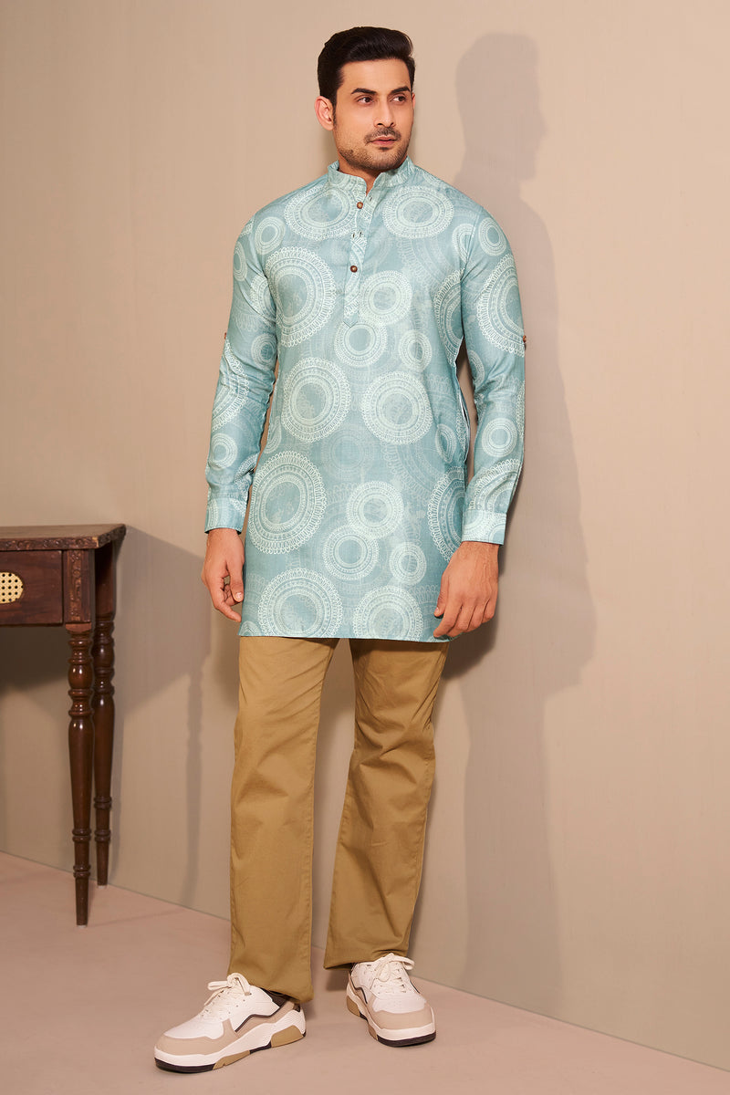 Aqua Printed Short Kurta for Men – Modern Casual Ethnic Wear Ethnoir