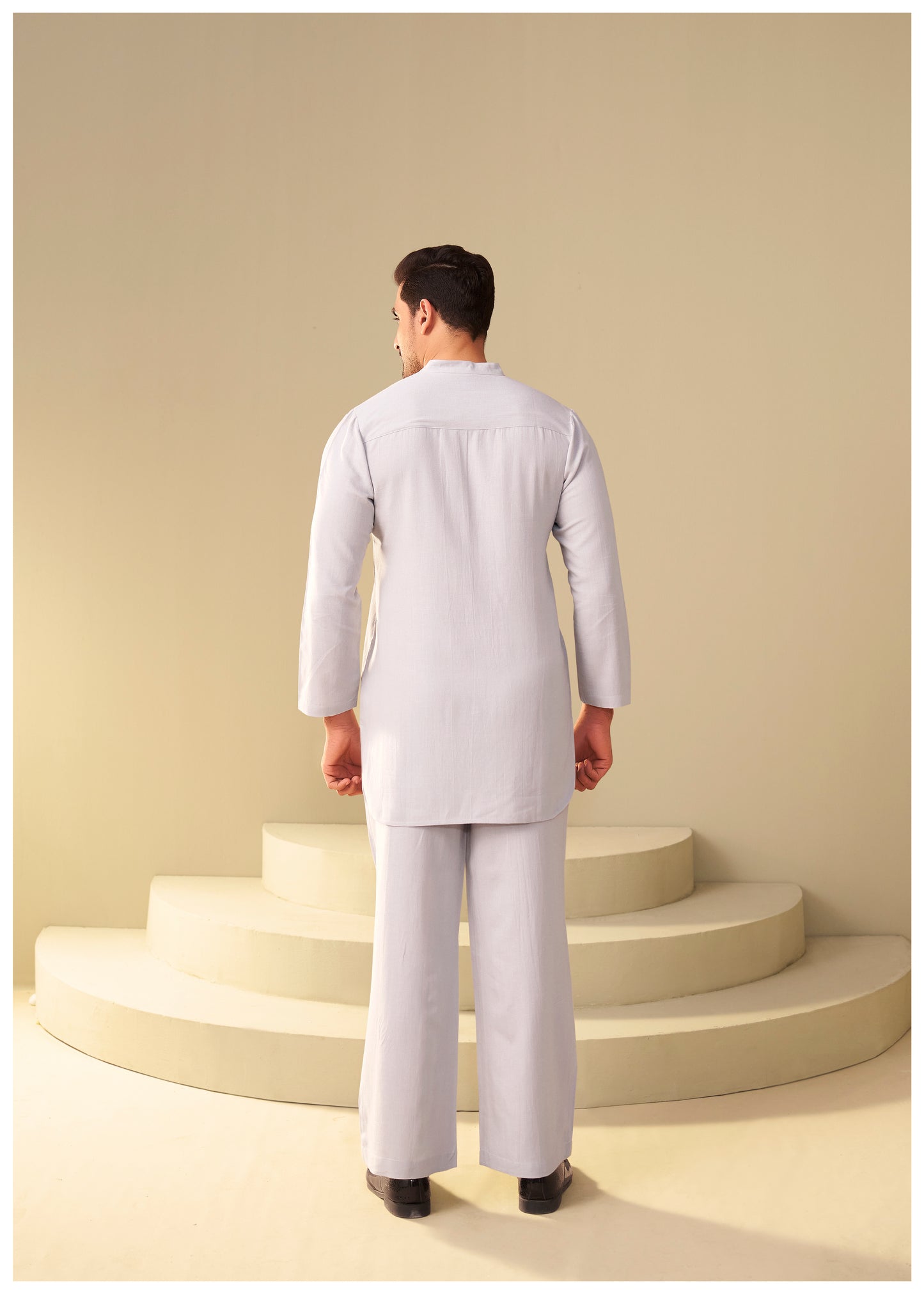 Mist Grey Linen Co-Ord Set Men Side View – Modern Ethnic Ethnoir India
