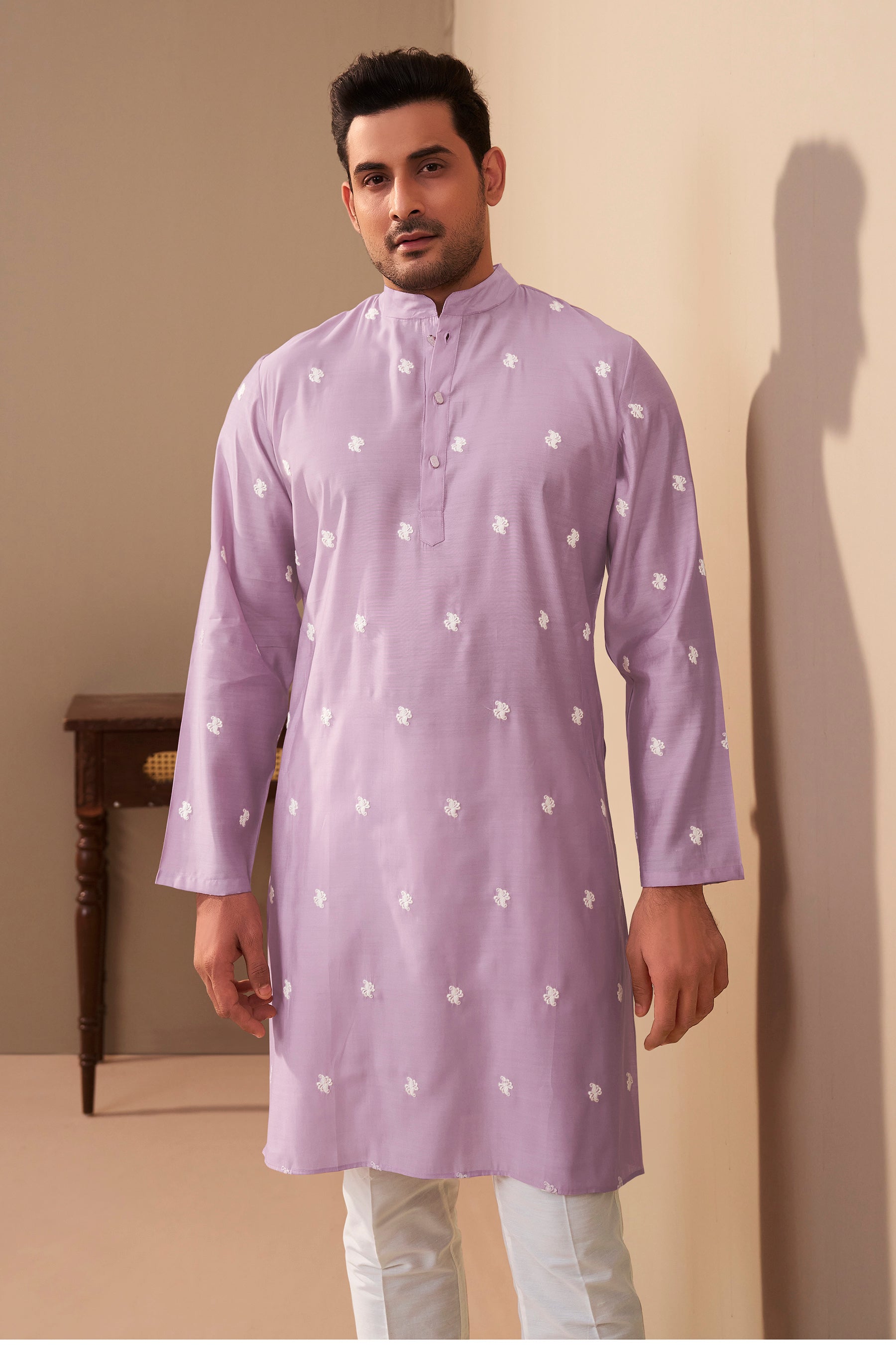 Lavender Silk Embroidered Kurta Men Back View – Mandarin Collar Ethnoir