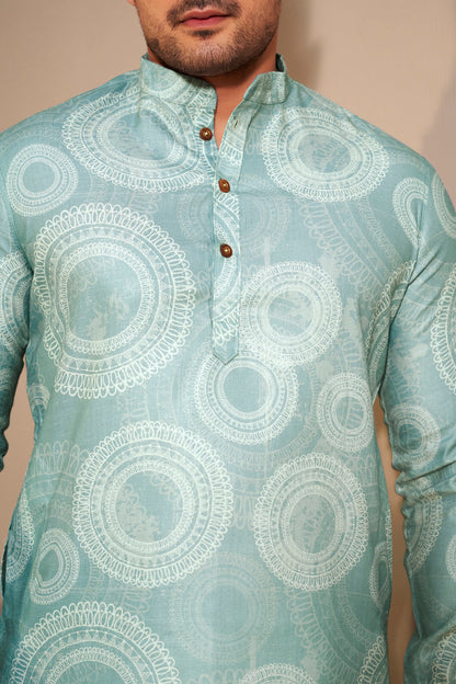 Aqua Printed Kurta Men Detail Close-Up – Modern Ethnoir India