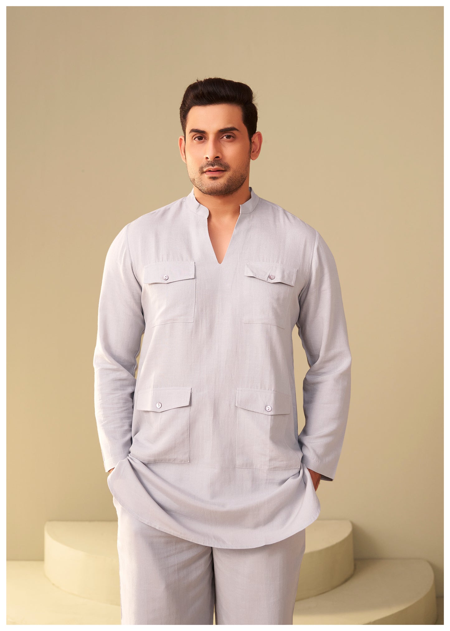 Mist Grey Linen Co-Ord Set Men Detail – Relaxed Fit Ethnoir