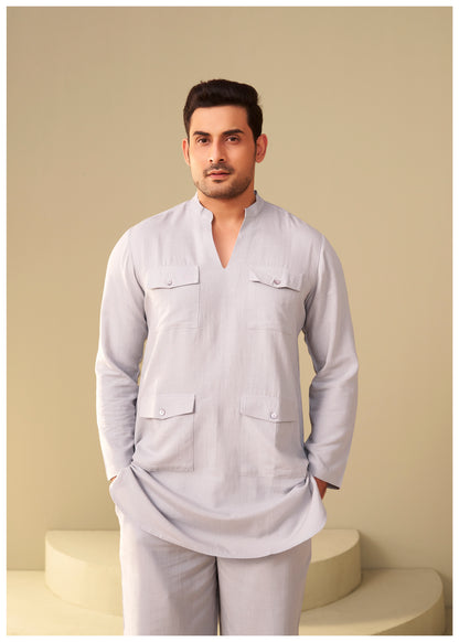 Mist Grey Linen Co-Ord Set Men Detail – Relaxed Fit Ethnoir