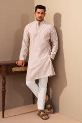 Light Beige Silk Embroidered Kurta for Men – Mandarin Collar Knee-Length