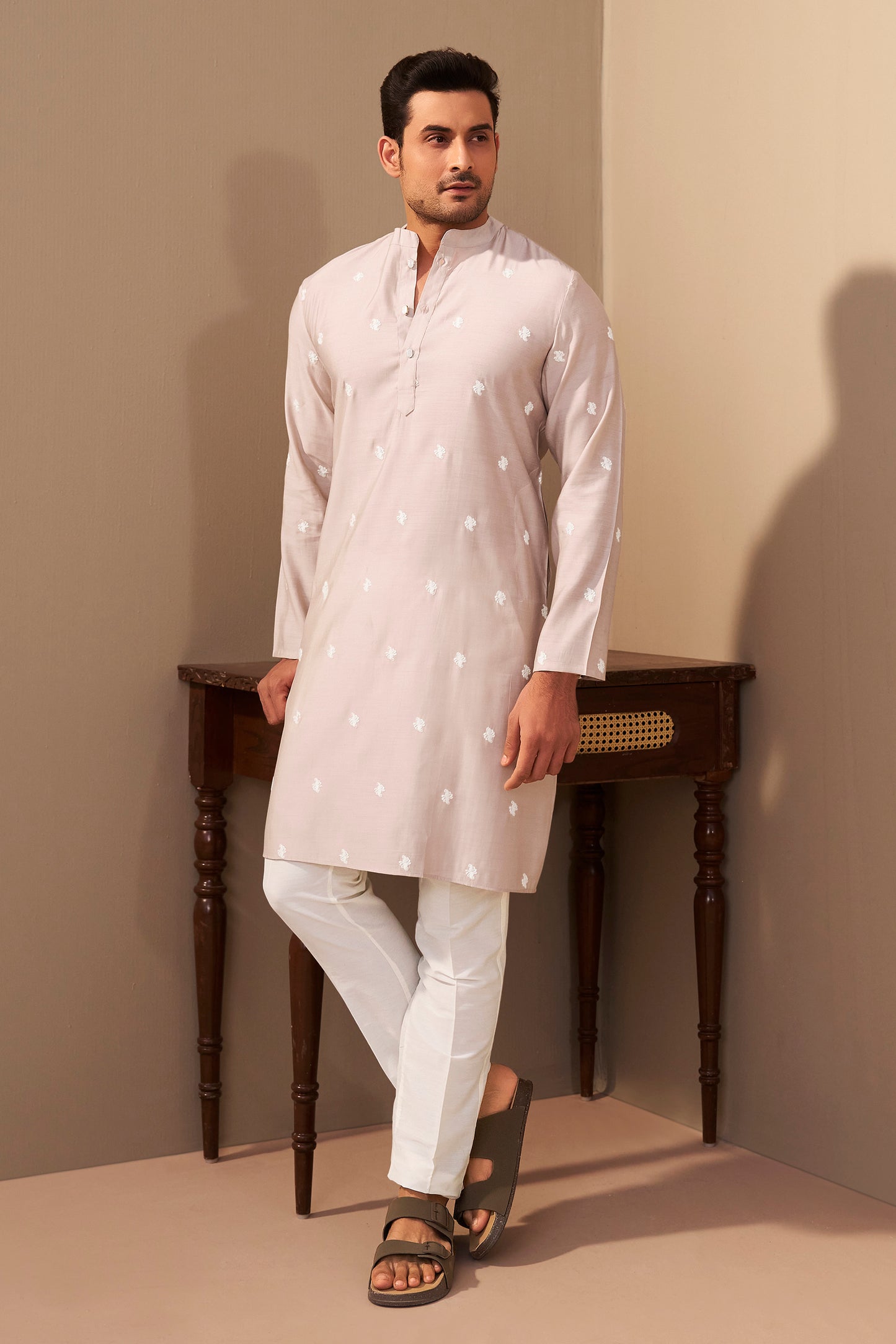 Light Beige Roman Silk Kurta Men Wedding Occasion Ethnic Wear – Ethnoir India