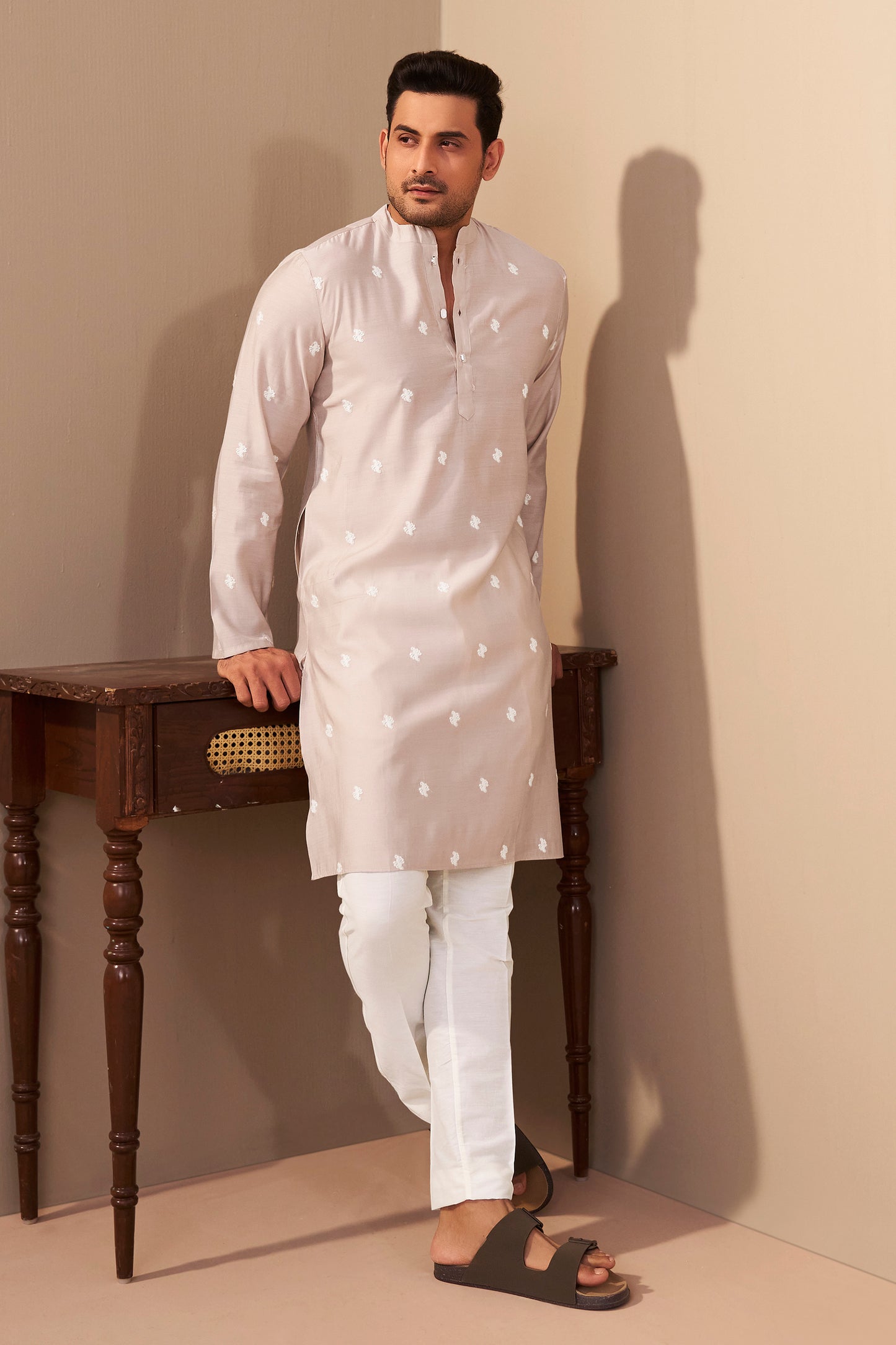 Light Beige Roman Silk Kurta for Men Side View – Ethnoir India