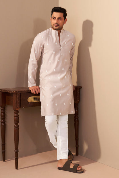 Light Beige Roman Silk Kurta for Men Side View – Ethnoir India