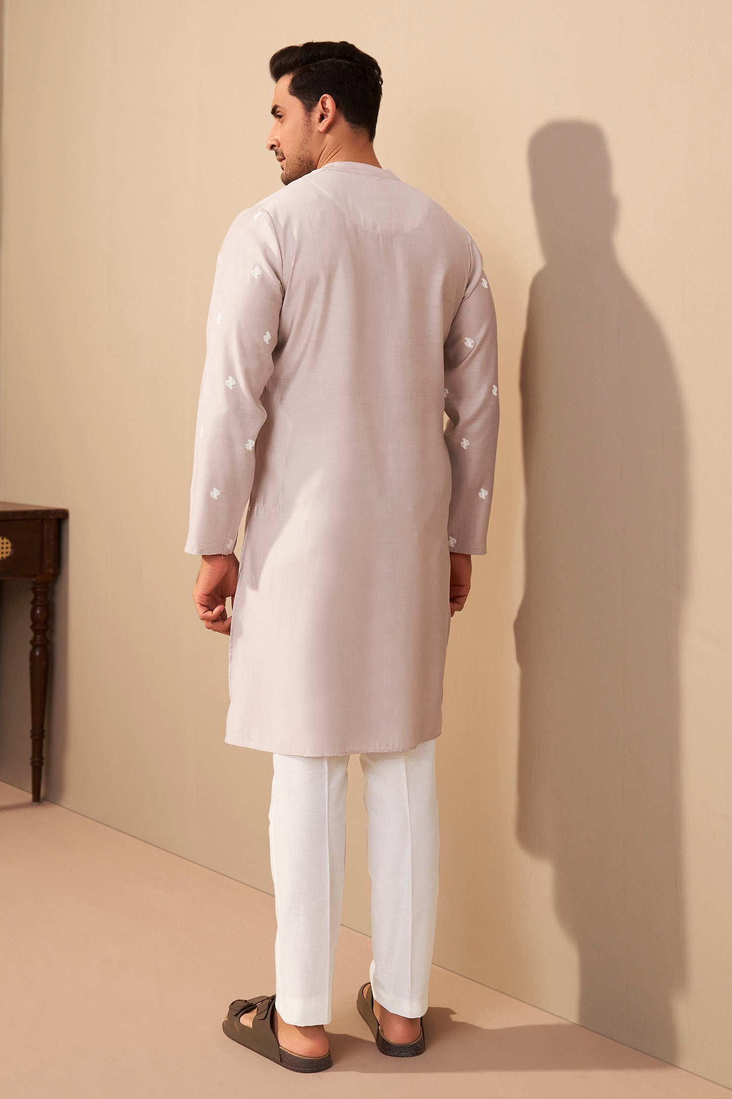 Light Beige Embroidered Kurta Men Back View – Mandarin Collar Ethnoir