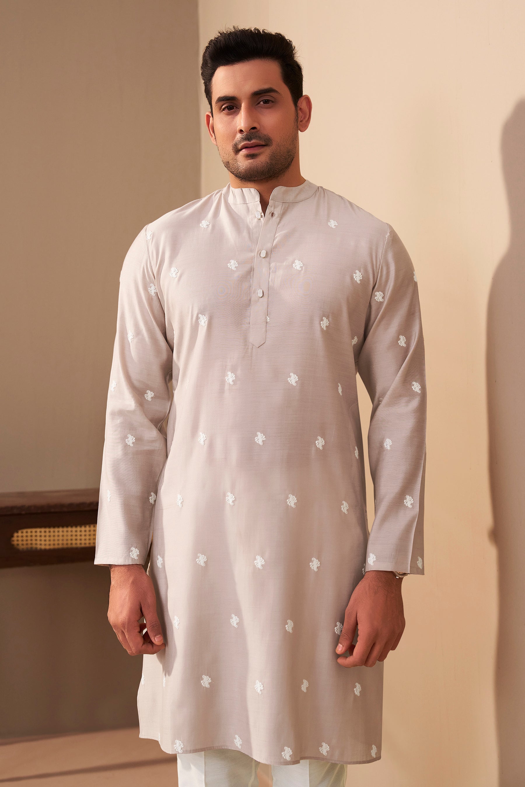 Light Beige Silk Kurta Men Detail – Festive Ethnic Ethnoir India