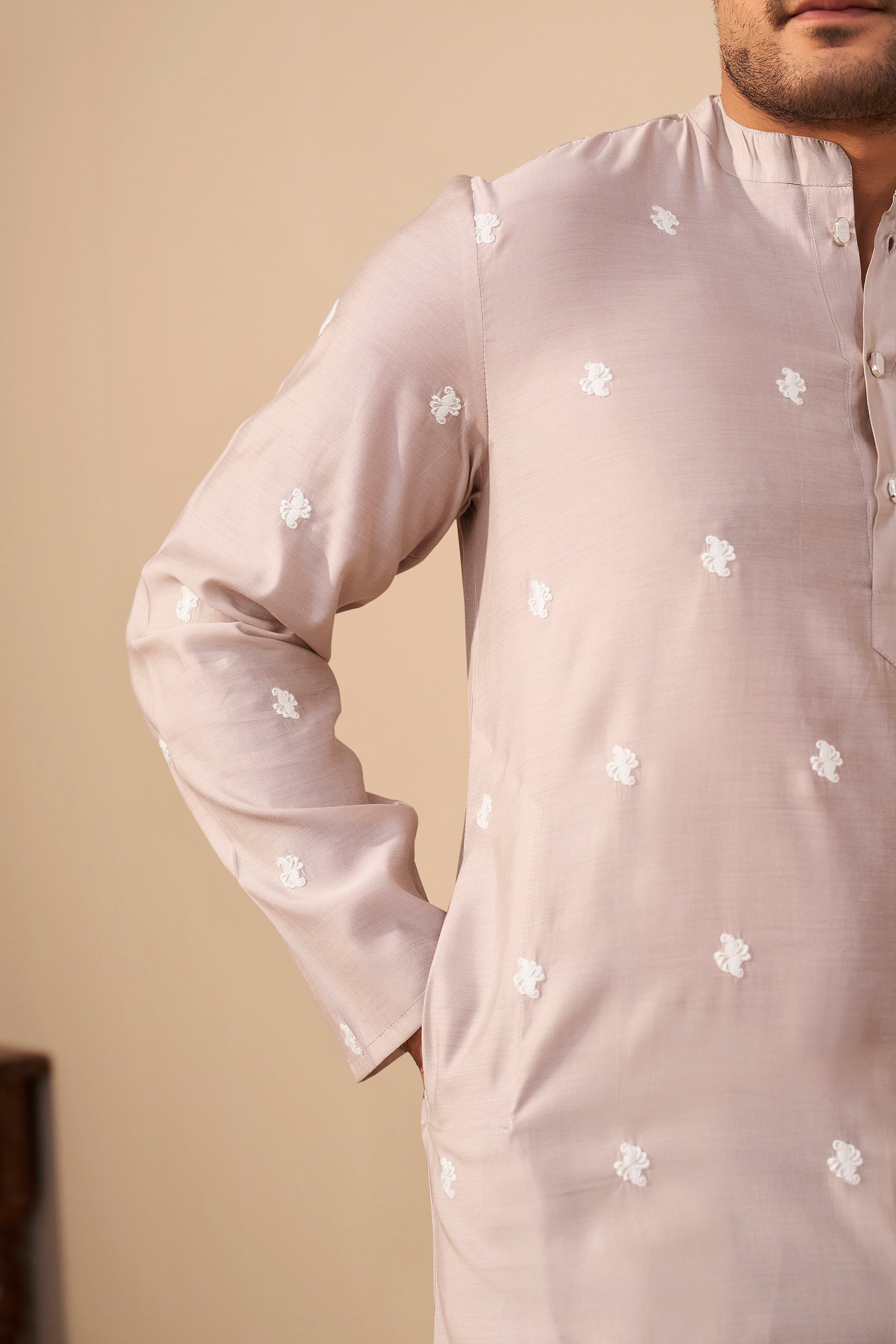 Light Beige Silk Embroidered Kurta Lifestyle Shot – Ethnoir India