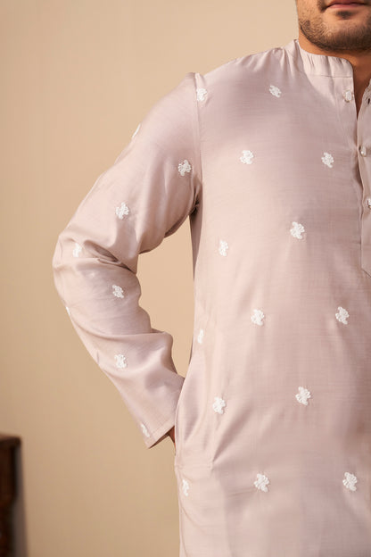 Light Beige Silk Embroidered Kurta Lifestyle Shot – Ethnoir India