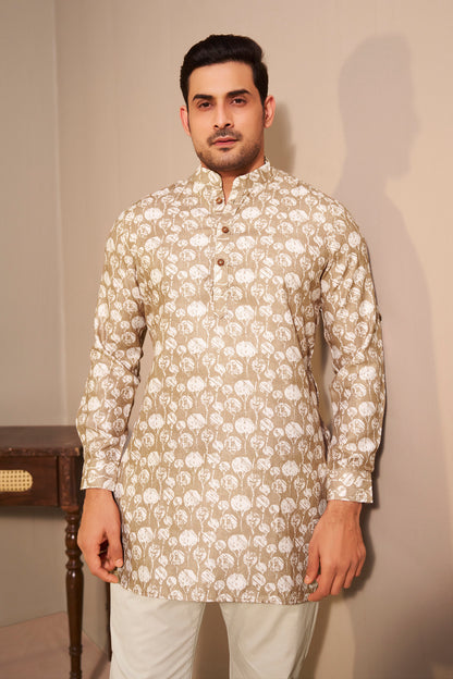 Sandstone Brown Printed Short Kurta for Men – Earthy Modern Ethnic