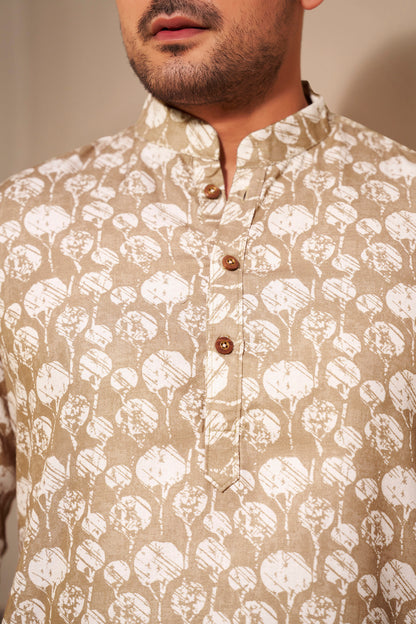 Sandstone Brown Printed Short Kurta for Men – Earthy Modern Ethnic