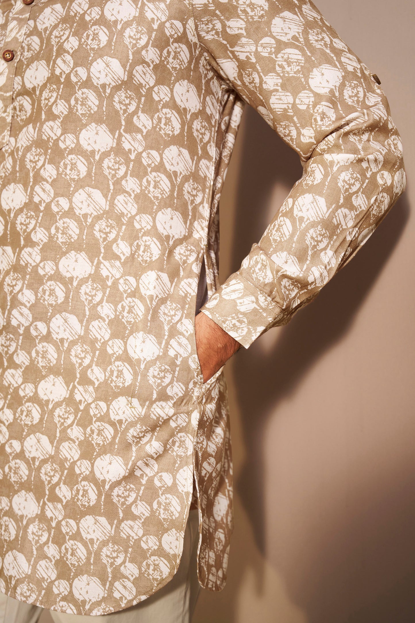 Sandstone Brown Printed Short Kurta for Men – Earthy Modern Ethnic