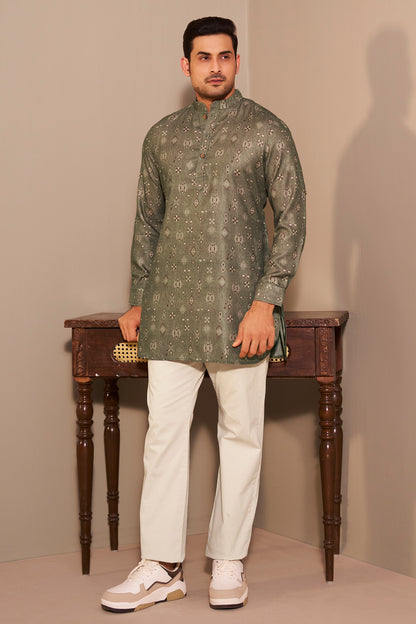 Olive Heritage Print Short Kurta for Men – Elegant Everyday Ethnoir