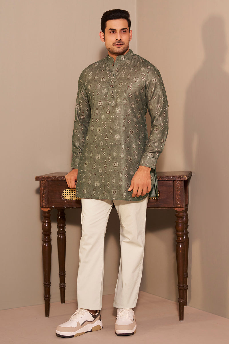Olive Heritage Print Short Kurta for Men – Elegant Everyday Ethnoir