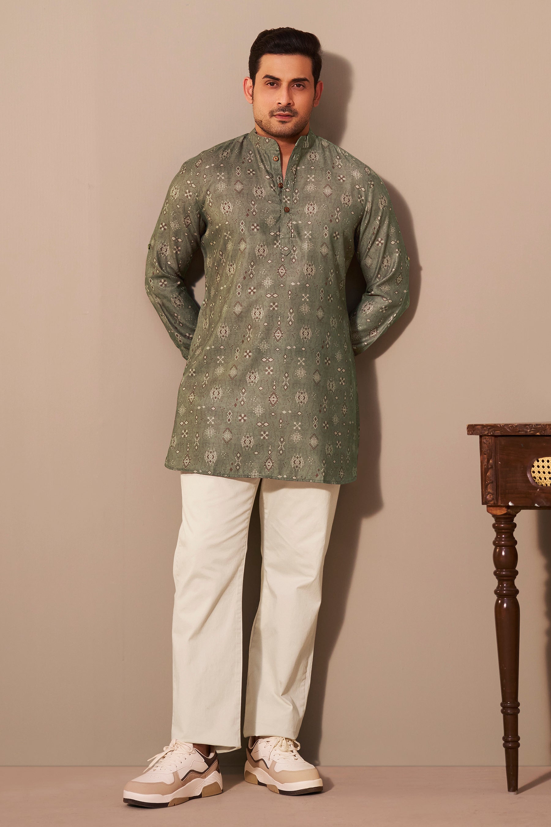 Olive Green Printed Kurta Men Everyday Ethnic Wear – Ethnoir India