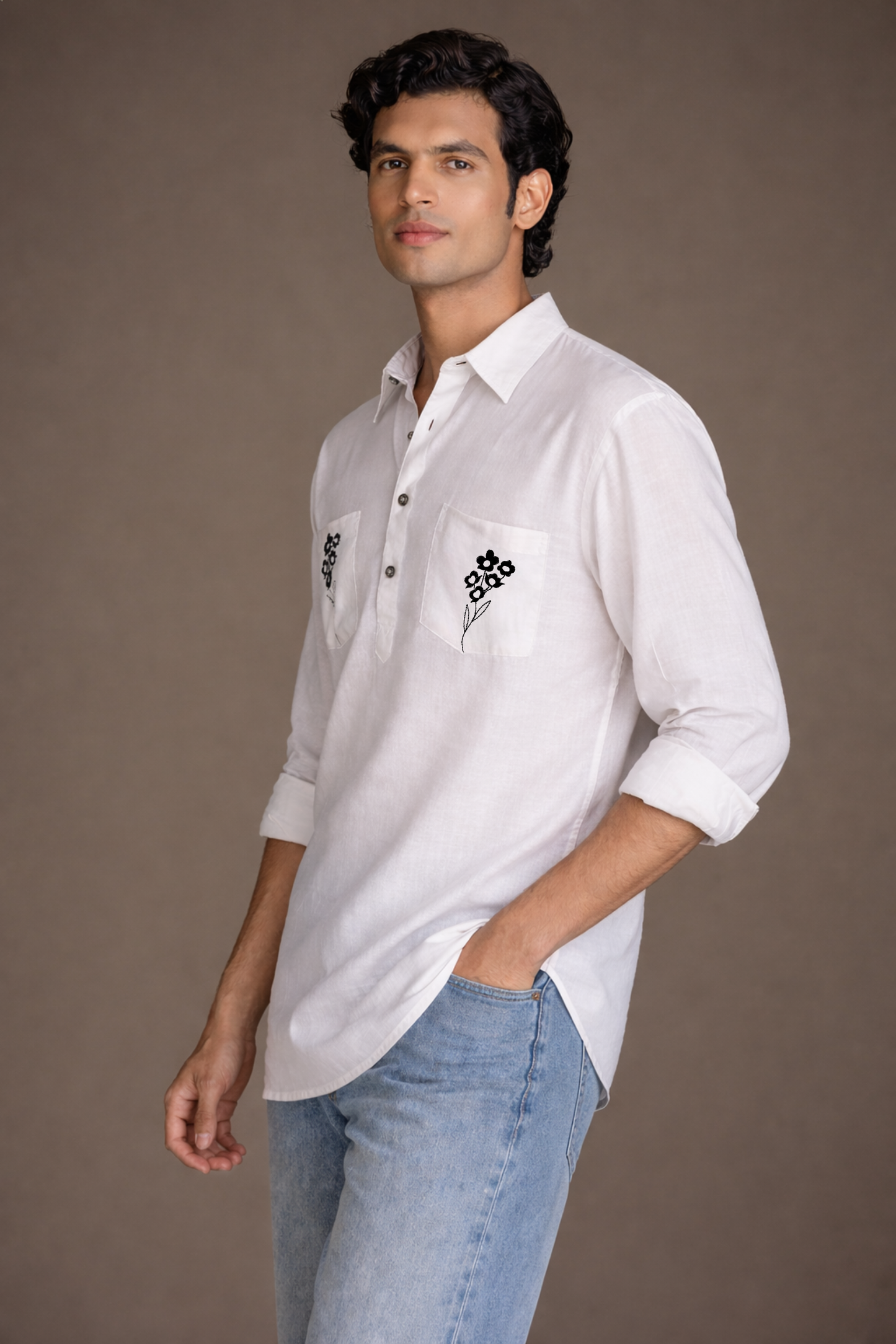 White Embroidered Short Kurta for Men Side View – Ethnoir India