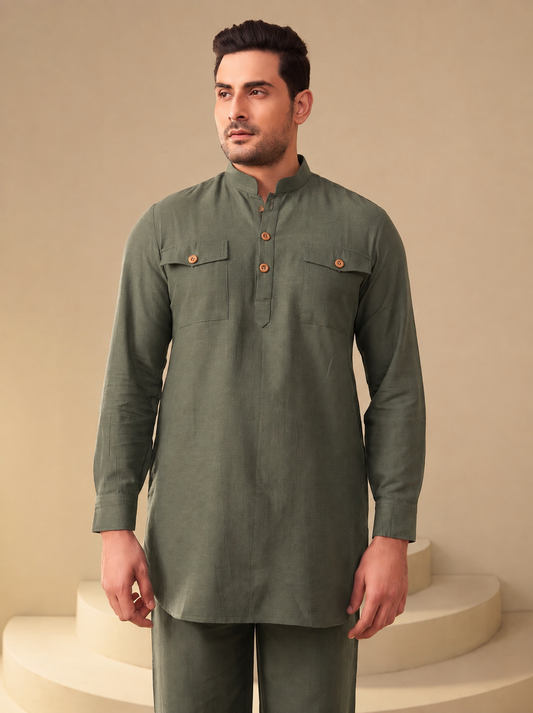 Green Men's Co-Ord Set – Linen Cotton Minimal Modern Fit