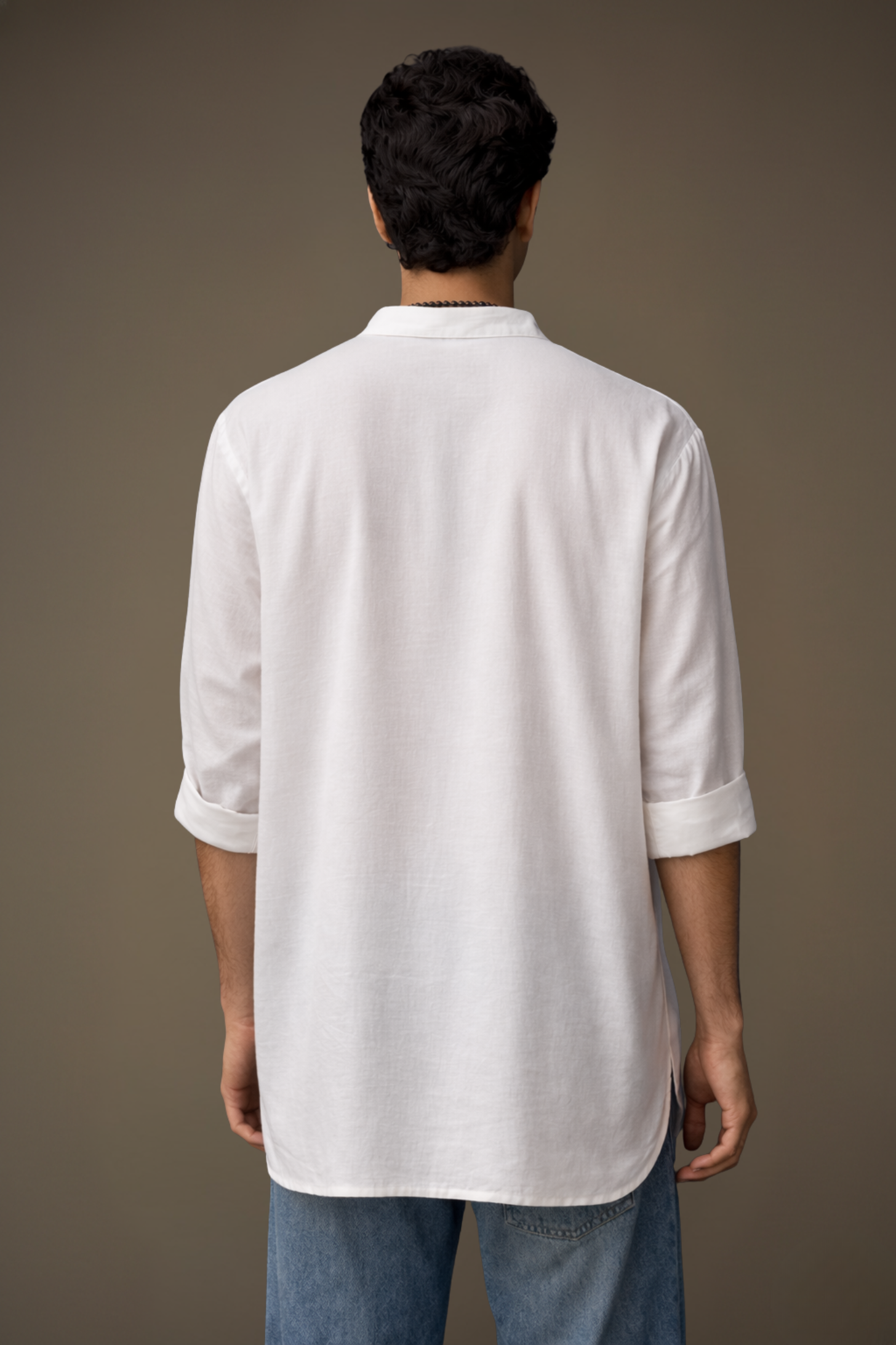 White Poly Linen Short Kurta Men Back View – Shirt Collar Ethnoir India