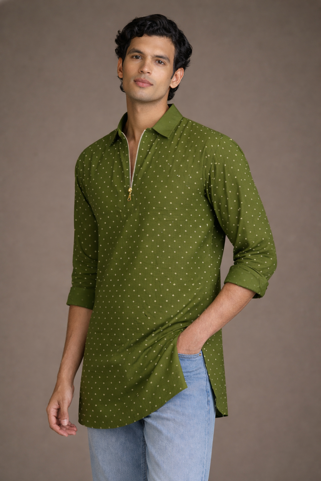 Green Bandhani Kurta Men Casual Festive Ethnic Wear – Ethnoir India