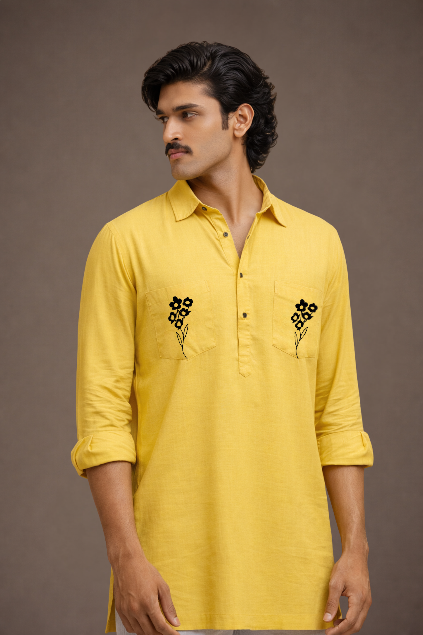 Yellow Embroidered Kurta Men Detail Close-Up – Festive Ethnic Ethnoir