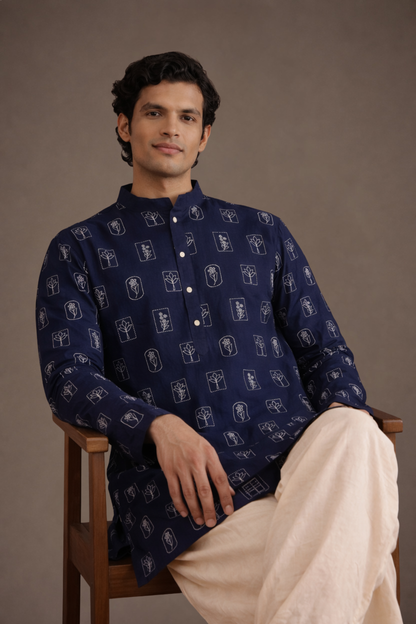 Blue Pure Cotton Kurta for Men Back View – Straight Cut Ethnoir India