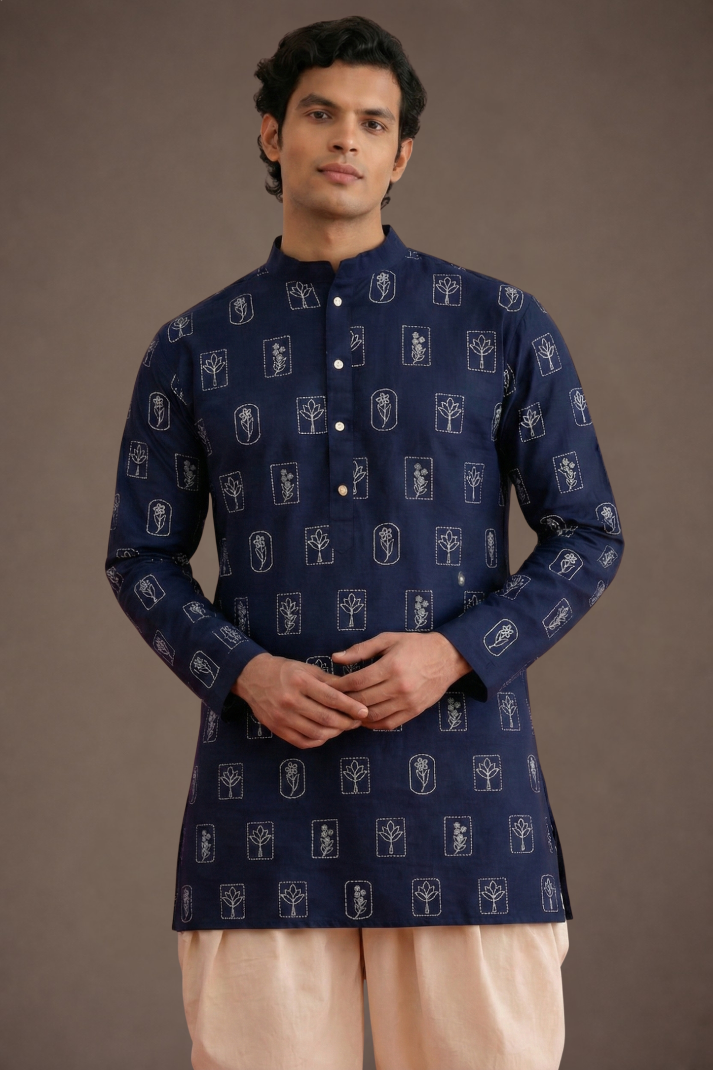 Blue Printed Pure Cotton Kurta for Men Mandarin Collar – Ethnoir