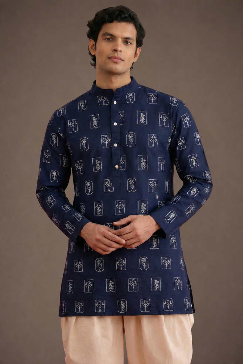 Blue Printed Pure Cotton Kurta for Men Mandarin Collar – Ethnoir
