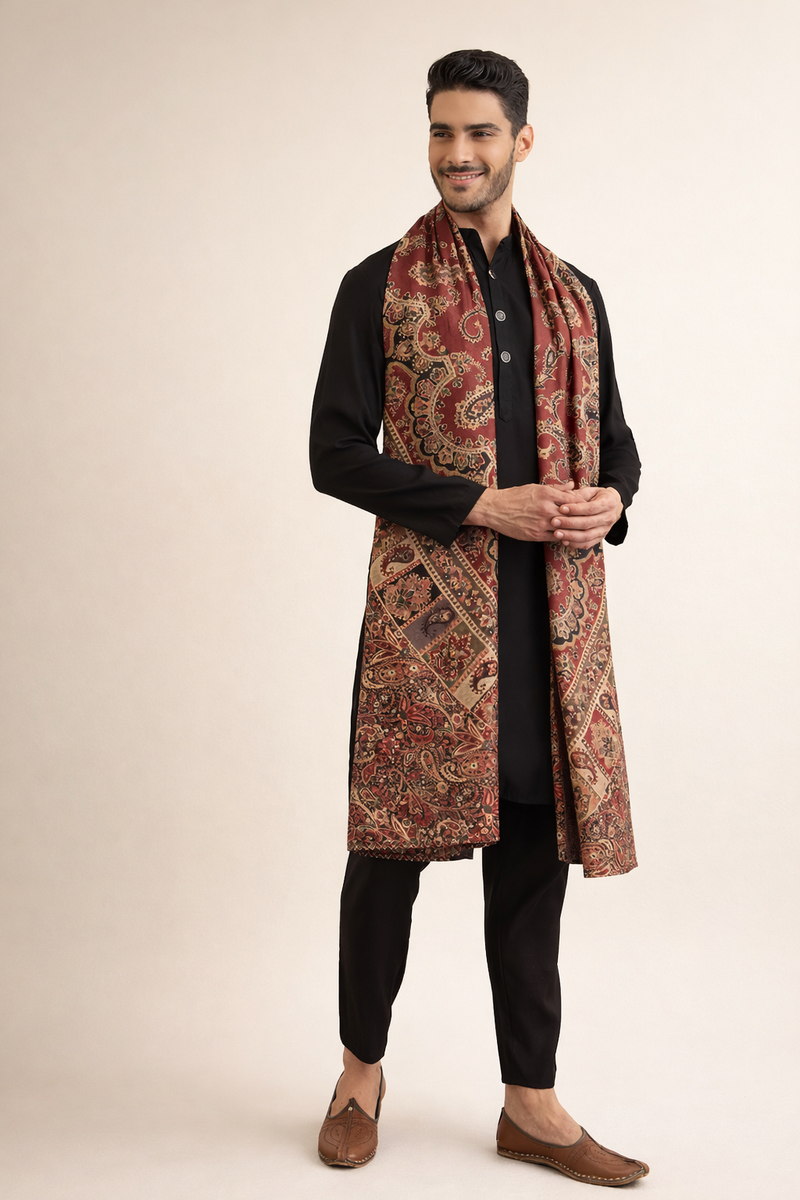 Black 3-Piece Kurta Set for Men with Pashmina Dupatta – Ethnoir