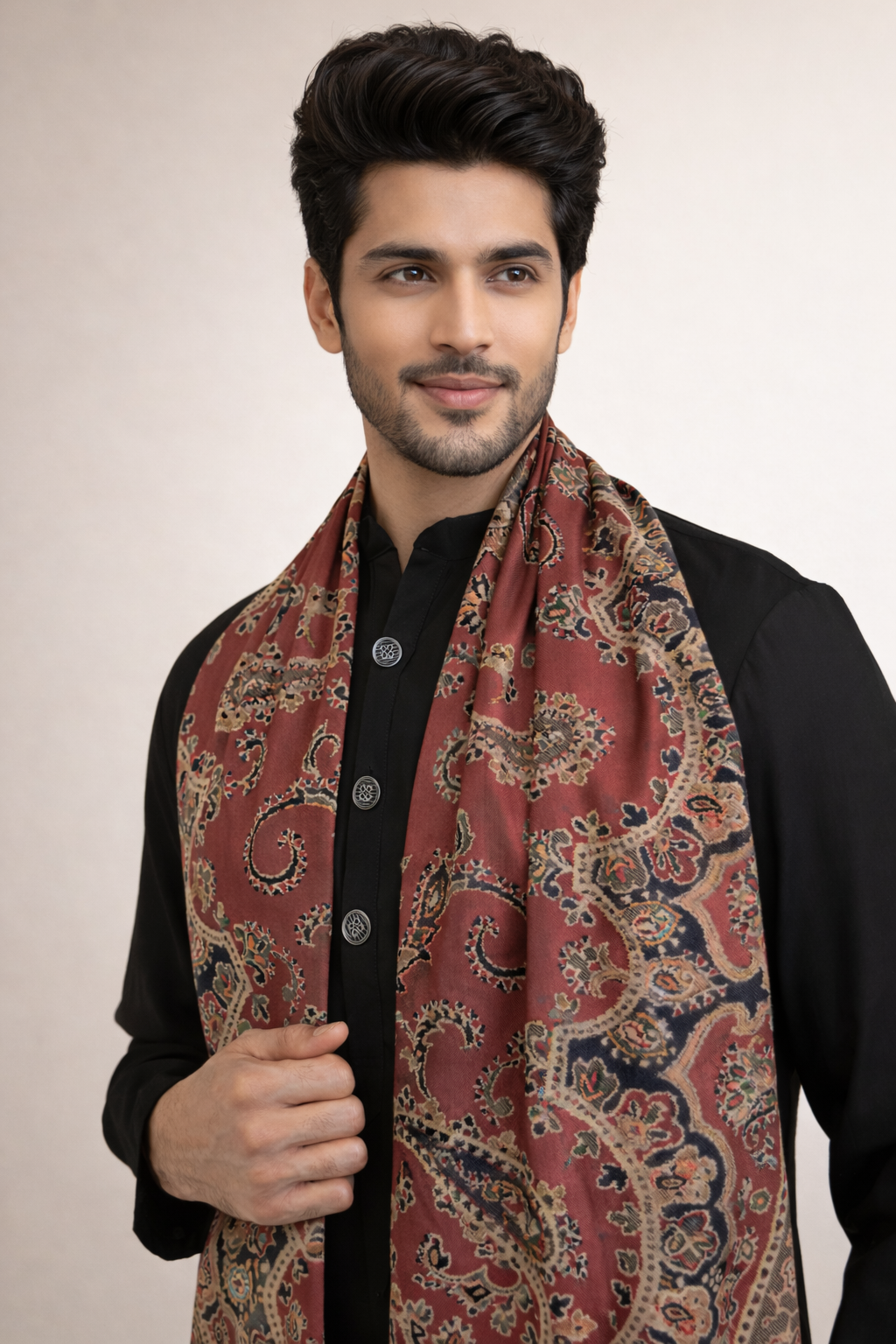 Black Kurta Set Men Pashmina Dupatta Wedding Ethnic Wear – Ethnoir India