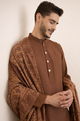 Brown 3-Piece Kurta Set for Men with Pashmina Dupatta