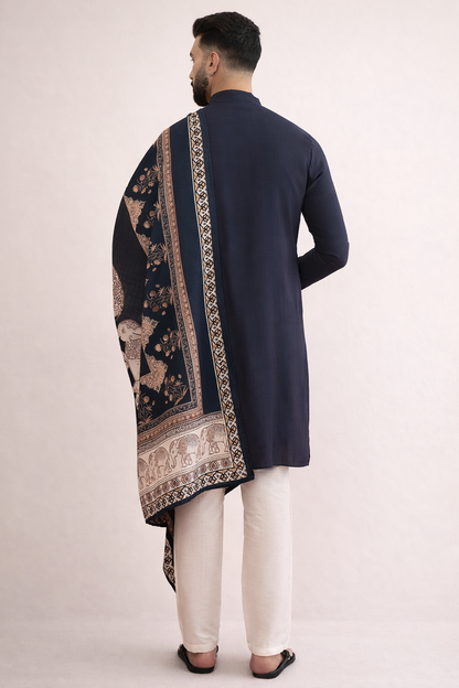 Blue Kurta Set Men Pashmina Dupatta Wedding Festive Wear – Ethnoir India