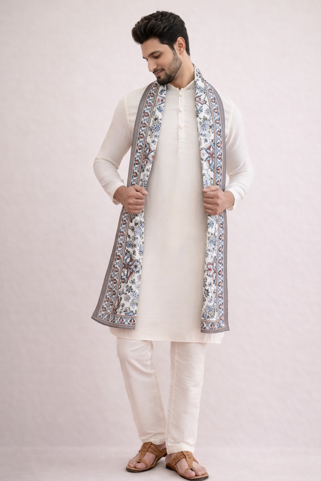 Off White 3-Piece Kurta Set for Men with Pashmina Dupatta – Ethnoir